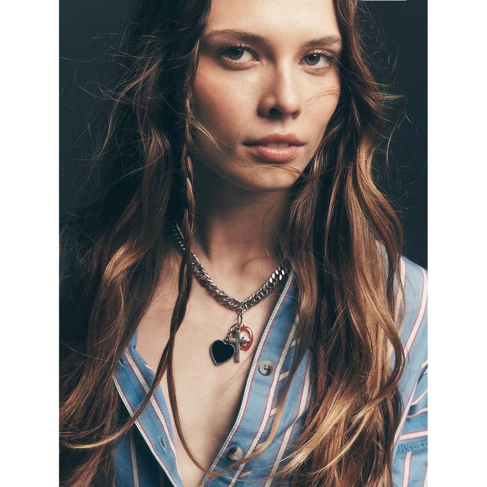 Free People Darra Charm Necklace Silver New Curb Chain Heart Cross Pendants
